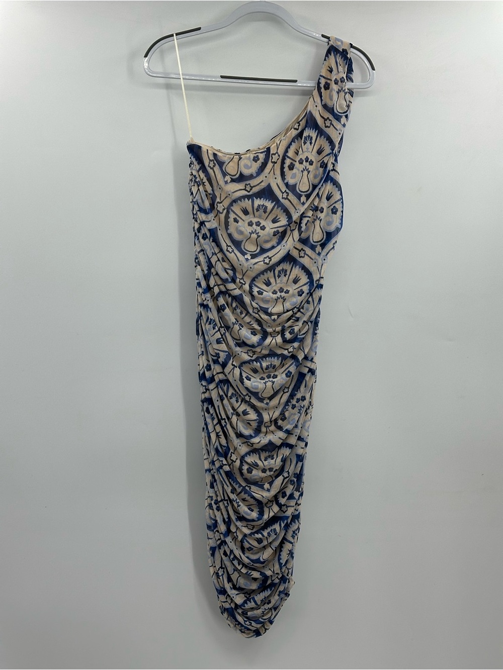 NWT House of Harlow 1960 Blue and Cream Printed One-Shoulder Ruched Dress